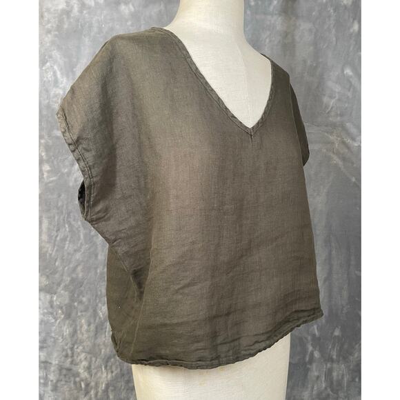 Hard Tail Forever boxy V-neck linen top green minimalist elevated basic S/M boho - Picture 10 of 13